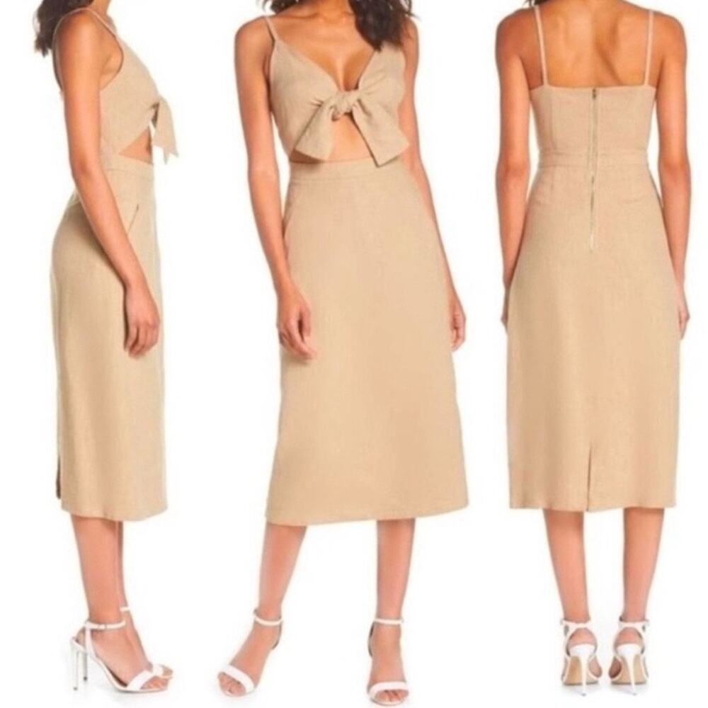 CAARA Tie Front Linen Blend Midi Dress Tan Women's Small V-Neck Spaghetti Strap